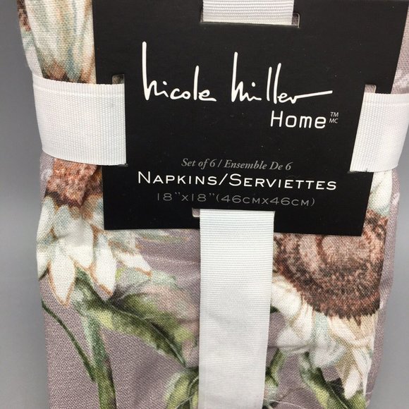 x6 Nicole Miller White Sunflower Script Fall Napkin Set Aqua Gray 18x18" Fabric - Picture 4 of 10